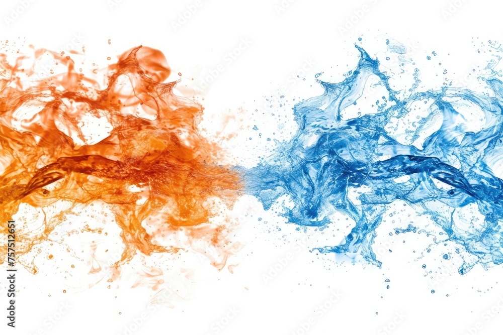 Two streams of water, one blue and one orange, with a white background Two streams of water, one blue and one orange, with a white background