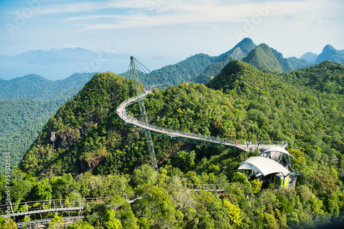 The Langkawi Sky Bridge, set against a backdrop of lush mountains and blue skies, offers breathtaking views over the Malaysian archipelago photo