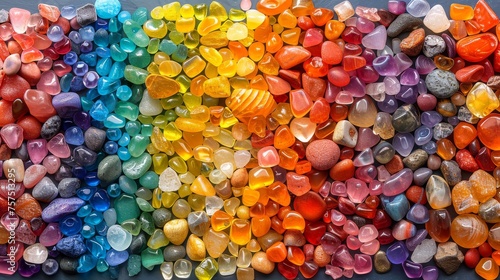 a close up of a bunch of rocks with different colors of rocks in the middle of the picture and a rainbow in the middle of the picture.