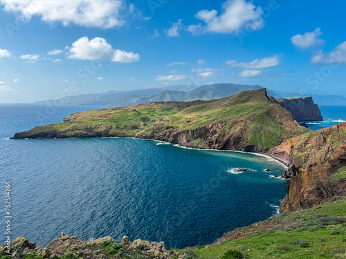 Panoramic view of majestic Atlantic Ocean coastline at Ponta de Sao Lourenco peninsula, Canical, Madeira island, Portugal, Europe. Coastal hiking trail along steep rocky rugged cliffs. Sea breeze. Awe