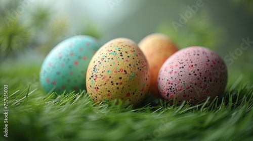 a group of three eggs sitting on top of a lush green grass covered field with sprinkles on them.