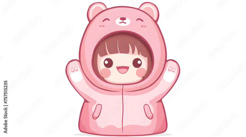 This adorable image shows a young child eagerly posing in a pink bear onesie with a joyous expression This adorable image shows a young child eagerly posing in a pink bear onesie with a joyous expression