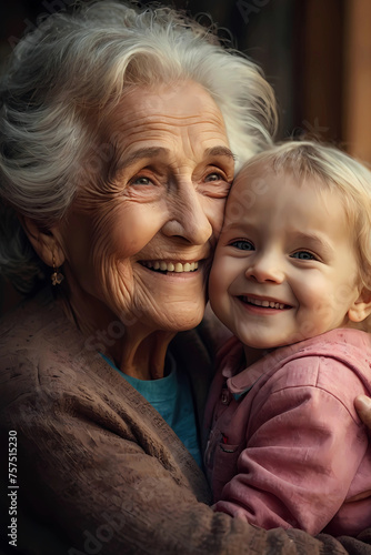 Smiling grandmother holding a child in her arms. Close-up, joyful emotions