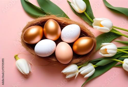 Golden eggs with spring white tulips on pastel pink background in Happy Easter decoration