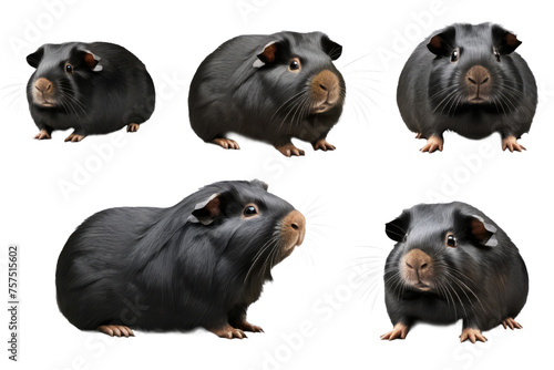 Close up of small cute black guinea pig cut out and isolated on white or transparent background in many different positions, including side view and front view, studio lighting