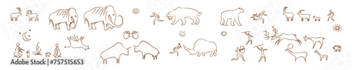 Ancient prehistoric rock paintings outline. Cave contour paintings of primitive people hunting mammoths and rhinoceros making cromagnan women campfires and and graze vector goats.