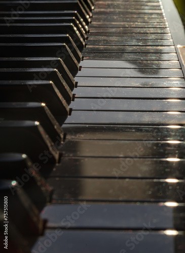 Piano keys side view with shallow depth of field. Classic grand piano keyboard background, Copy space, Selective focus.