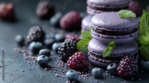 a stack of purple macaroons sitting on top of a table next to blueberries and raspberries.