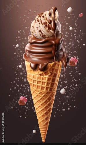 Chocolate ice cream dessert cone with sprinkles сreated with Generative Ai