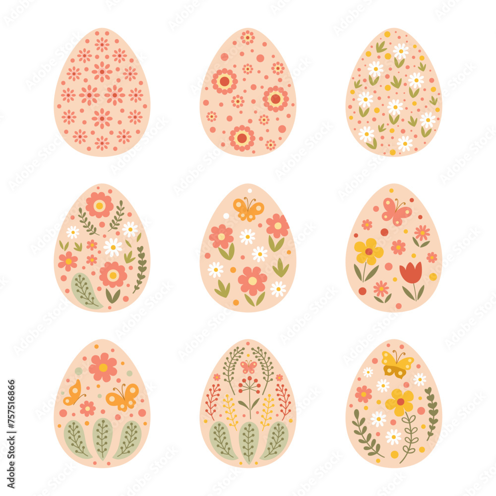 Set of 9 floral Easter eggs isolated on white background. Vector illustration in flat style is isolated on white background