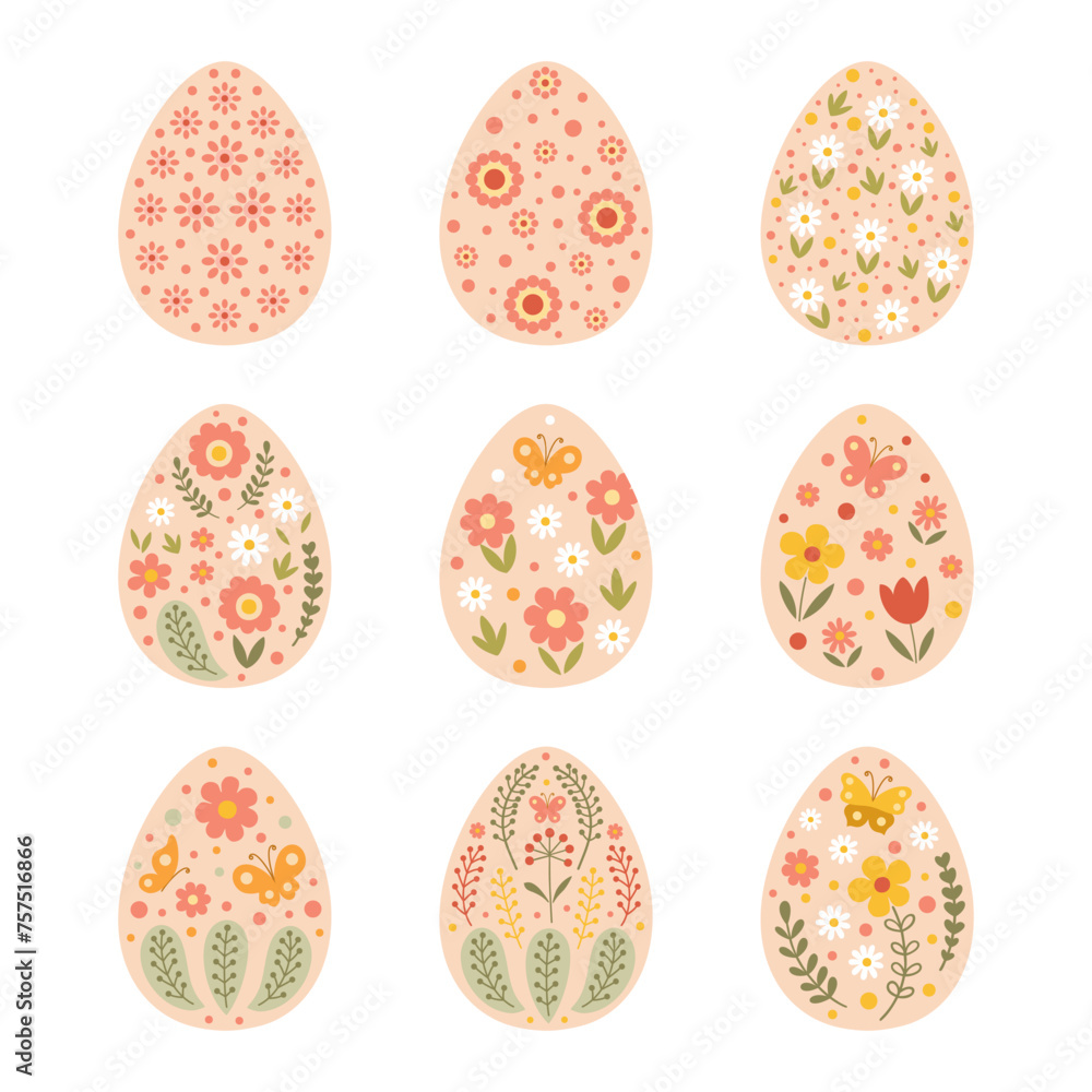 Set of 9 floral Easter eggs isolated on white background. Vector illustration in flat style is isolated on white background Set of 9 floral Easter eggs isolated on white background. Vector illustration in flat style is isolated on white background