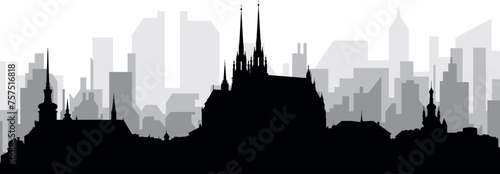 Black cityscape skyline panorama with gray misty city buildings background of BRNO, CZECH REPUBLIC