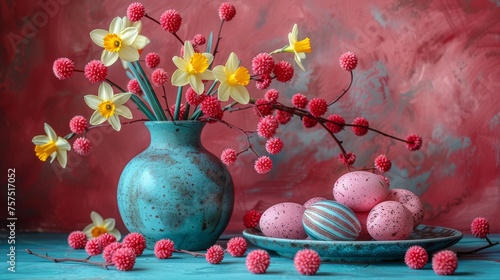 a blue vase filled with pink and yellow flowers next to a plate of painted eggs and daffodils. photo