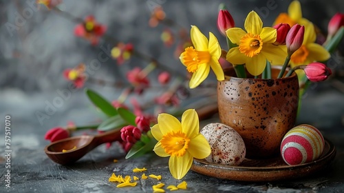 a vase filled with yellow and red flowers next to a wooden spoon and a bowl filled with eggs and daffodils. photo