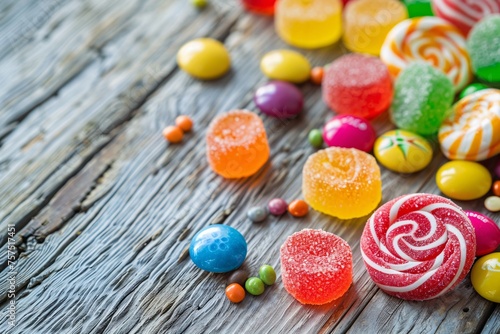 Colorful candies scattered on a wooden table.