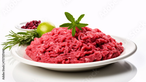 Plate with fresh raw ground beef isolated on white