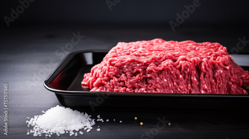 Raw meat. Fresh Minced Mix of Meat in a Plate Isolated on black background