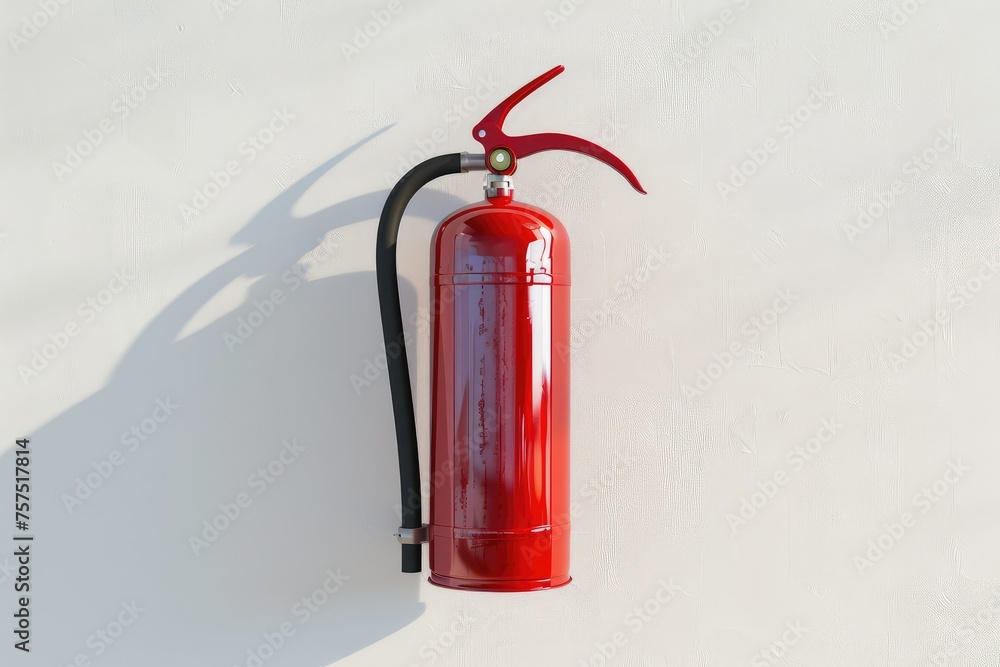 Fototapeta premium A white wall-mounted fire extinguisher isolated on a white background. Safety device for protection and security in case of emergency.