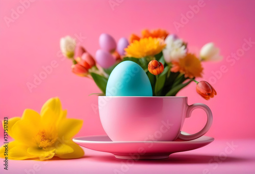 Easter egg and spring flowers in tea cup on bright pink background.