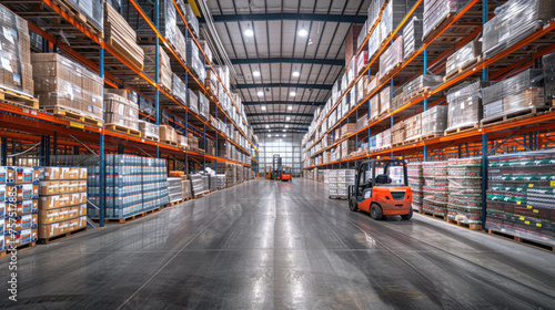 A busy retail warehouse where the shelves are overflowing with boxes of merchandise waiting to be distributed. Pallets of goods are strategically placed, with forklifts running between them.