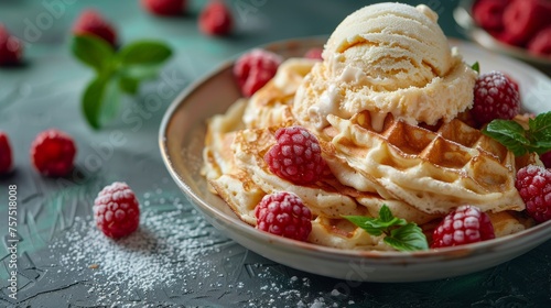 a close up of a plate of waffles with ice cream and raspberries on a table next to raspberries. photo