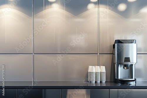 Water cooler in a sleek, modern office break area. Chrome finish, disposable cups, and neutral walls create a functional and professional workplace refreshment spot