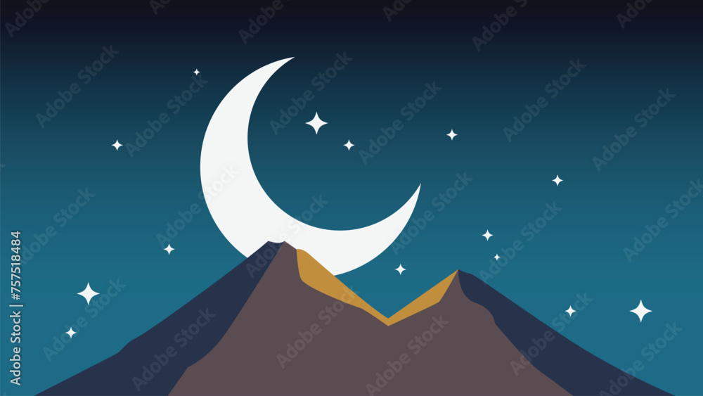 Obraz premium Ramadan kareem flat vector illustration with clouds, crescent moon and stars. Can be used for banners, posters, backgrounds, landing pages, greeting cards, covers, etc.