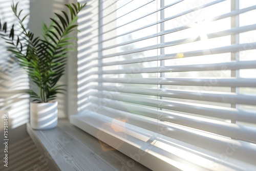 Close-up of white window blinds with sharp focus, fine lines, and elegant patterns. The sunlight shines through, creating a bright and minimalist interior design