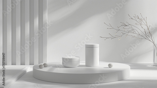a minimalist product showcase featuring a clean  bright setting with geometric shapes  a simple vase with delicate branches  and serene shadows cast by vertical blinds