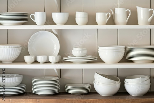 Neatly organized white dishes, bowls, and mugs displayed on a pristine kitchen shelf under bright overhead light. Symmetrical, minimalist design exuding elegance and modern simplicity