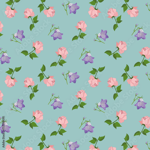 Pattern with bluebell flowers and pink rose buds.eps