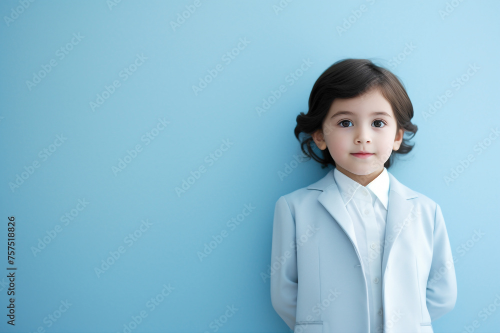 A business-savvy child in a professional dress, standing confidently in front of a solid wall with a serene light blue hue. A business-savvy child in a professional dress, standing confidently in front of a solid wall with a serene light blue hue.