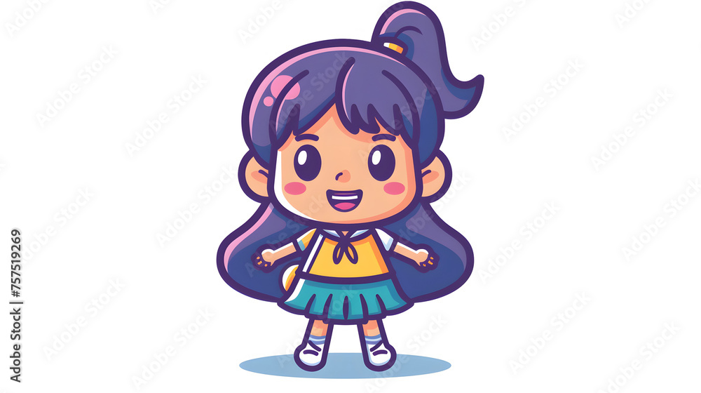A brightly colored illustration of a happy, young girl with two ponytails wearing a dress Gives a cheerful vibe A brightly colored illustration of a happy, young girl with two ponytails wearing a dress Gives a cheerful vibe