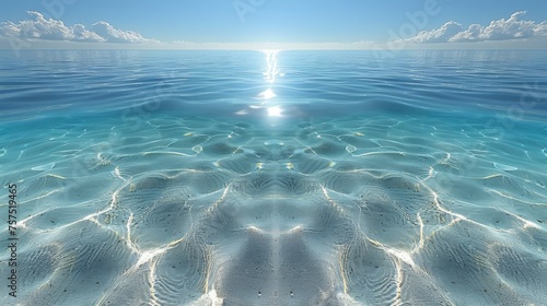 a view of the ocean from the bottom of the water, with the sun reflecting off the water's surface. photo