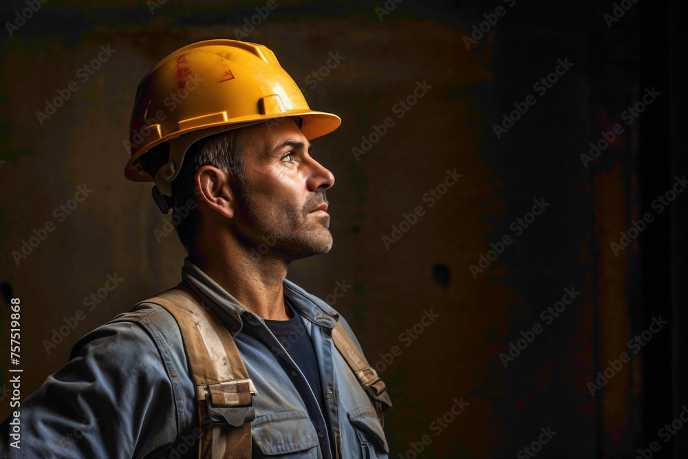 A construction worker with a hard hat, ready for the job against a sturdy brown wall. A construction worker with a hard hat, ready for the job against a sturdy brown wall.