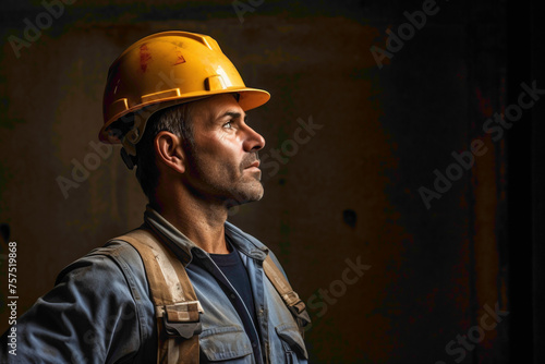 A construction worker with a hard hat, ready for the job against a sturdy brown wall.