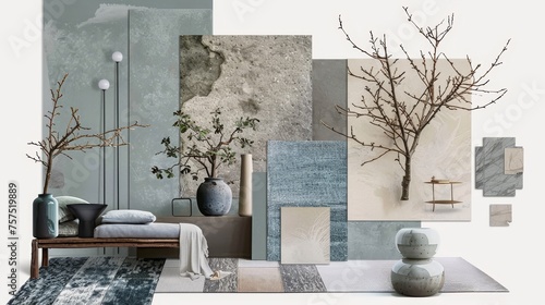 Flat lay image of a stylish home decor composition, featuring assorted ceramic pieces, fabric swatches, a vase with twigs, and other decorative objects. Moodboard