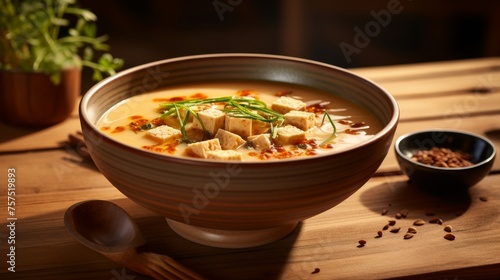 Rustic Delight Bowl of Miso Soup on Brown Background