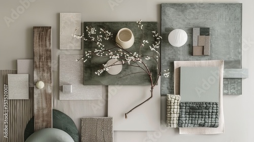Flat lay image of a stylish home decor composition, featuring assorted ceramic pieces, fabric swatches, a vase with twigs, and other decorative objects.