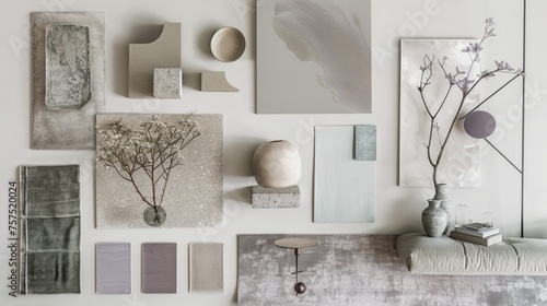 moodboard, The layout includes ceramic dishes, a vase with dried branches, fabric samples, and wooden elements in muted tones.