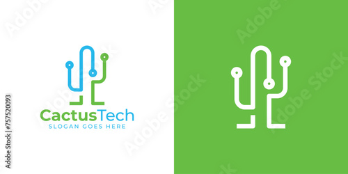 Creative Cactus Logo. Cactus Tech with Linear Outline Modern Style. Simple Cactus Logo Icon Symbol Vector Design Template.