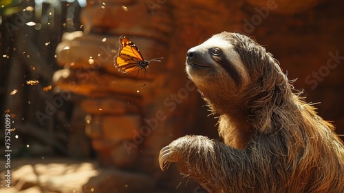 a close up of a small animal with a butterfly on it's back and a building in the background. photo