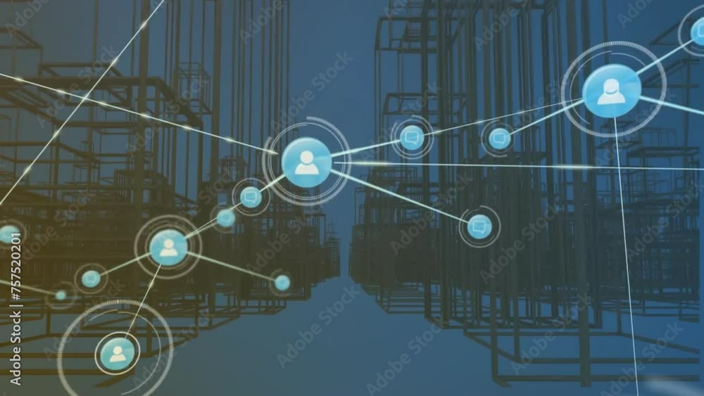 Animation of network of connections with icons over digital city model on blue background Animation of network of connections with icons over digital city model on blue background