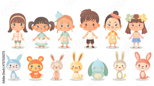 A diverse set of cute cartoon kids and playful toy bunny characters in various poses, full of life and personality