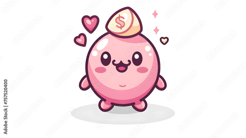 An endearing image of a pink piggy bank character with a coin above and hearts around it An endearing image of a pink piggy bank character with a coin above and hearts around it