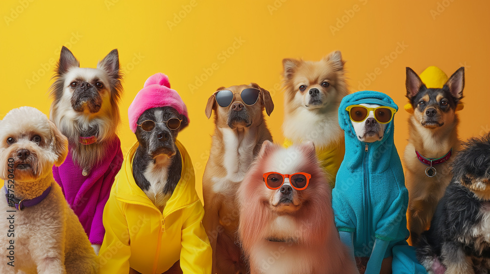 A group of dogs wearing colorful accessories, each with different poses and expressions, against an yellow background