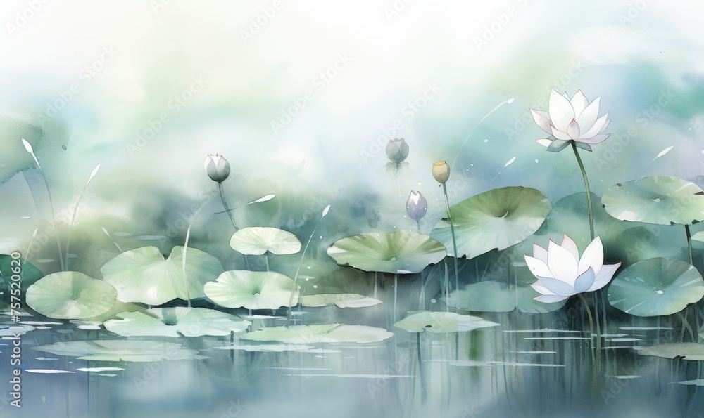 spring lotus flowers in water, watercolor, serene, concept wellness, spa, botanical art, wallpaper, bed linen wallpaper.	 - obrazy, fototapety, plakaty 