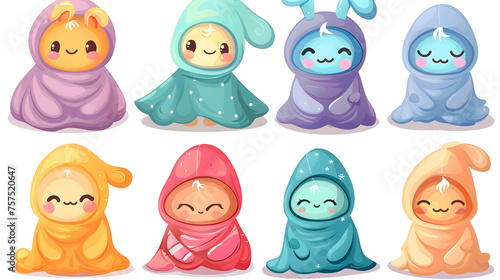 Six sweet and colorful critters swaddled cozily in blankets  conveying a sense of comfort and care