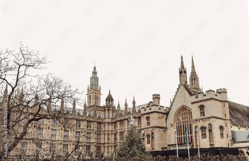 The Palace of Westminster is the meeting place of the House of Commons and the House of Lords, the two houses of the Parliament. Space for text, Selective focus.