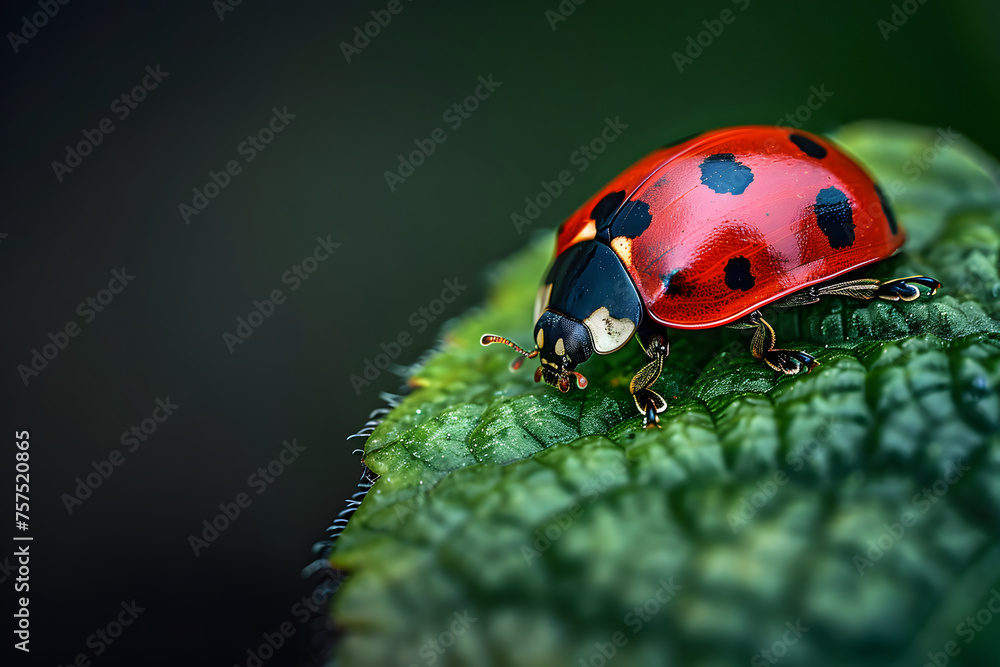 Obraz premium a ladybug crawling along a leaf, showcasing its vibrant colors and distinctive spots up close